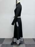 Slim-Fitting Long-Sleeved Turtleneck Plaid Slit Two-Piece Midi Skirt Set