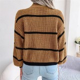 Autumn And Winter Casual Striped Lantern Sleeve Half Turtleneck Knitting Pullover Sweater For Women
