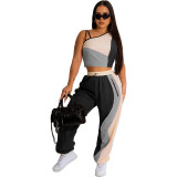 Women Fashion Color Block Slash Shoulder Sleeveless Top and Pant Casual Two-piece Set
