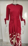 Women Spring Red O-Neck Print Slit Midi Party Dress