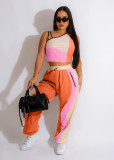 Women Fashion Color Block Slash Shoulder Sleeveless Top and Pant Casual Two-piece Set