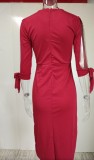 Women Spring Red O-Neck Print Slit Midi Party Dress