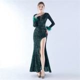 Women Sequined Ostrich Feather Long Sleeve Evening Gown