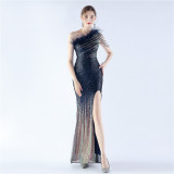 Women Gradient Sequins Beading and Ostrich Feather Slash Shoulder One-shoulder Evening Dress