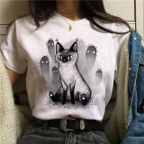 Halloween Women Cartoon Cat Mushroom Print Short Sleeve T-Shirt