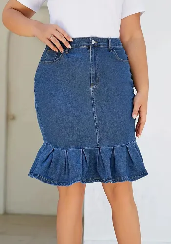 Plus Size Women Lace Solid Stretch Denim Skirt