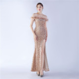 Women Sequined Ostrich Feather Off Shoulder Evening Gown