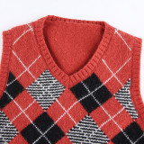 Women Solid Plaid Sleeveless V-Neck Sweater