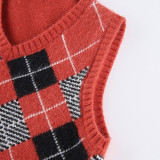 Women Solid Plaid Sleeveless V-Neck Sweater
