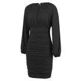 Women Sexy Lace-up Pleated Long Sleeve Dress