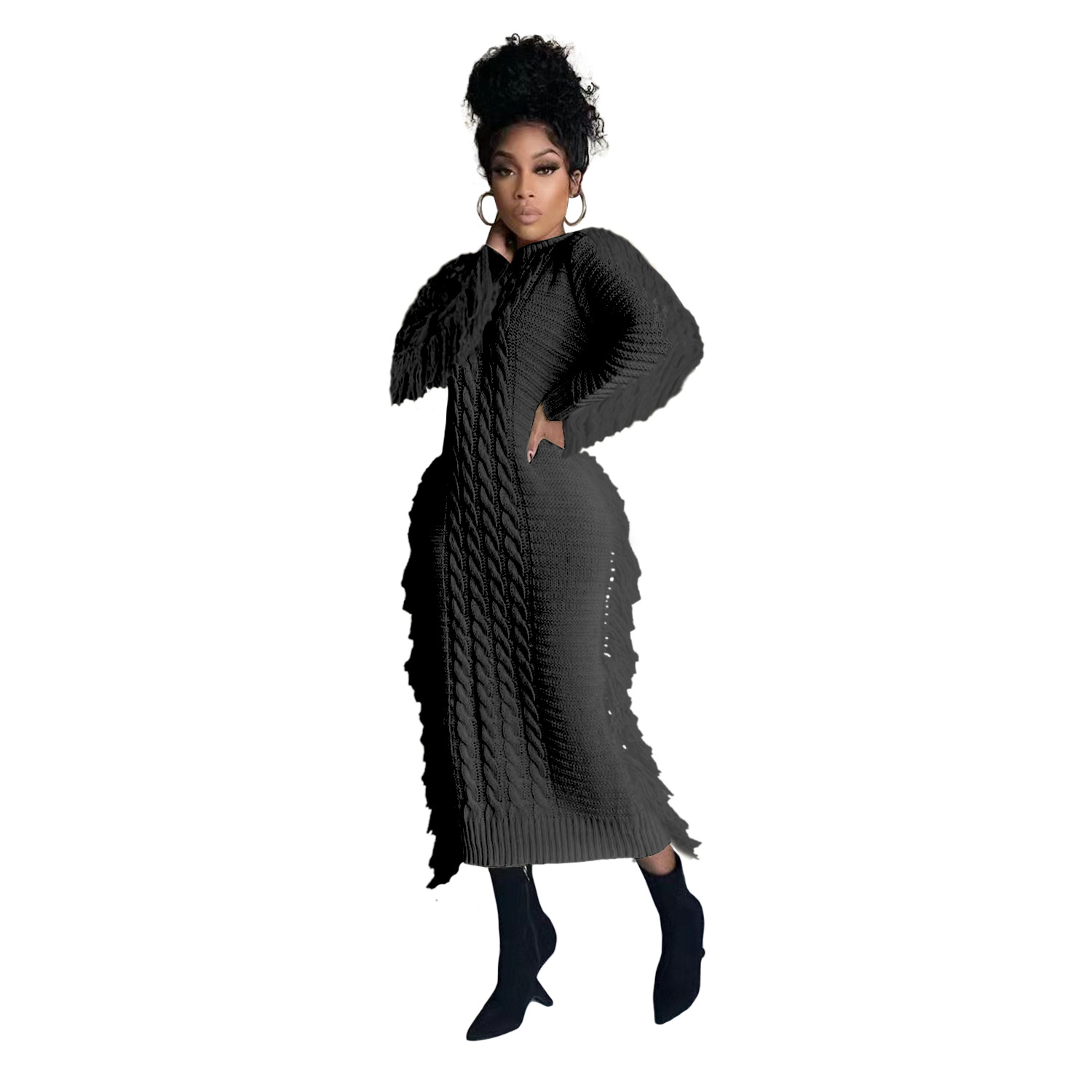 Fall Latte Fringe Sweater Dress in Black • Impressions Online Boutique