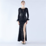 Women Sequined Ostrich Feather Long Sleeve Evening Gown