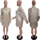 Women Solid Sequin Loose Shirt Dress