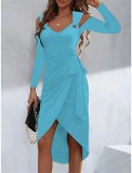 Women Solid Metal Button V-Neck Lace-Up Dress
