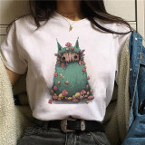 Halloween Women Cartoon Cat Mushroom Print Short Sleeve T-Shirt