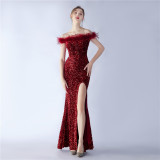 Women Sequined Ostrich Feather Off Shoulder Evening Gown