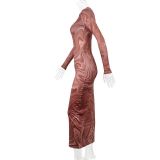 Women Fall Long Sleeve Printed Round Neck Maxi Dress