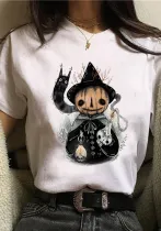 Halloween Women Cartoon Cat Mushroom Print Short Sleeve T-Shirt
