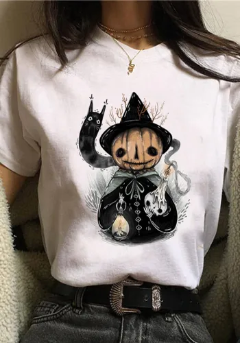 Halloween Women Cartoon Cat Mushroom Print Short Sleeve T-Shirt