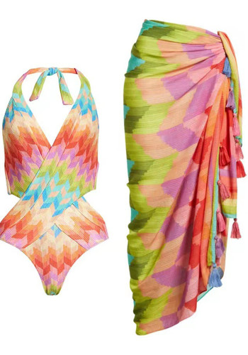 Women sexy beach bikini one-piece swimsuit and Mesh Skirt two-piece set