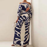 Women Casual Loose Off Shoulder Top and Printed Wide Leg Pants Two-piece Set
