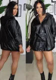 Women pu-Leather Drawstring Hooded Top