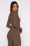 Women Fall Buttoned Half Open Collar knitting Ribbed Long Sleeve Jumpsuit