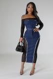 Women mesh Denim Patchwork See-Through Strapless Top and Skirt two-piece set