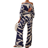 Women Casual Loose Off Shoulder Top and Printed Wide Leg Pants Two-piece Set