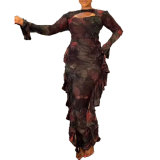 Women Irregular Print Ruffle Edge Stretch Hollow Long Sleeve Bodycon Dress