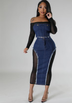 Women mesh Denim Patchwork See-Through Strapless Top and Skirt two-piece set