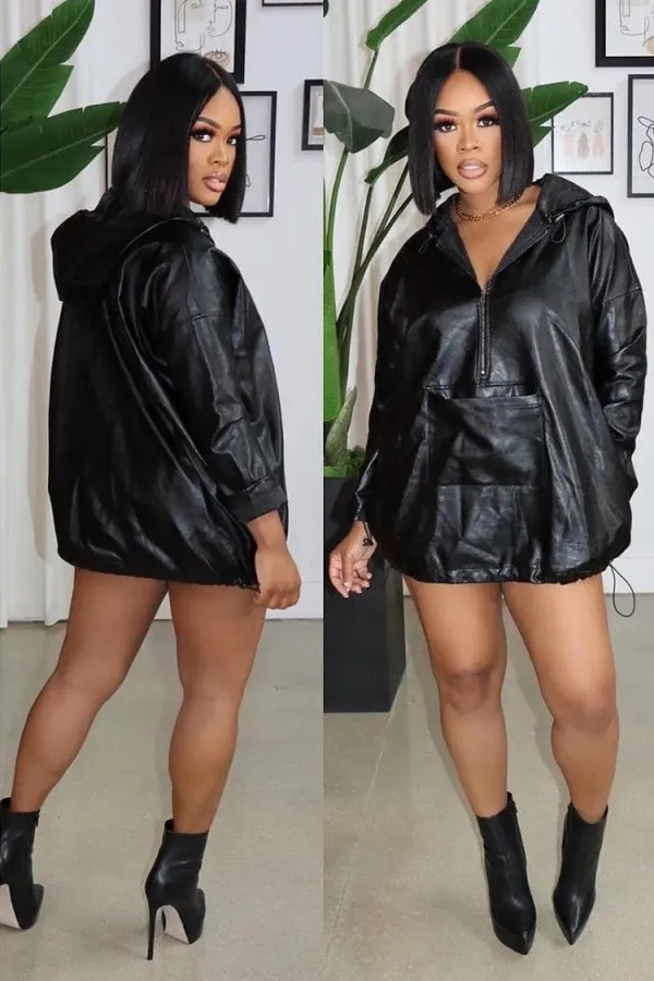 Women pu-Leather Drawstring Hooded Top