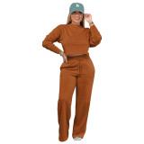 Women Solid Long Sleeve Top and Pant Casual Two-piece Set