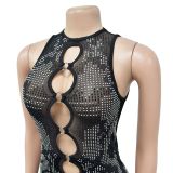 Women Solid mesh Beaded Hollow Bodycon Dress