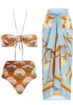 Women Print Halter Neck Lace-Up Bikini Mesh Skir Swimsuit Two Pieces