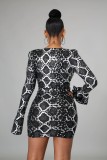 Women Snakeskin Print V-Neck Bell Bottom Slit Long Sleeve Bodycon Dress