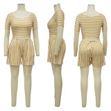 Women Round Neck striped print Top and Shorts two-piece set