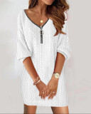 Autumn And Winter Solid Color V-Neck Knitting Long-Sleeved Dress For Women