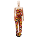 Casual Printed Low Back Strapless Loose Summer High Waist Women's Jumpsuit
