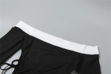Women's Autumn And Winter Contrast Color Off Shoulder Lace-Up T-Shirt Slim Low Waist Shorts Two Piece Set