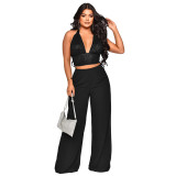 Sexy Sequined Halter Neck Tank Top Chiffon High-Waisted Straight Pants Two-Piece Set