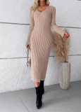 Women's Autumn And Winter Chic Elegant Solid Color V-Neck Long Sleeve Sweater