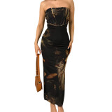 Women's Fall Casual Character Print Sleeveless Slit Strapless Long Dress