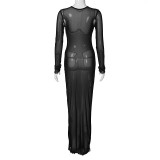 Women's Autumn And Winter Round Neck Long Sleeve Reversible Lace-Up Mesh See-Through Sexy Dress