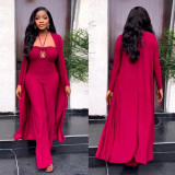 Sexy Solid Color Halter Neck Long-Sleeved Coat Jumpsuit Two-Piece Set