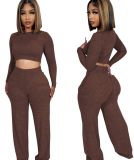 Women's Fashion Long Sleeve Crop Tops And Pants Casual Two Piece Set
