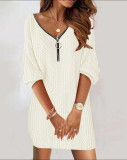 Autumn And Winter Solid Color V-Neck Knitting Long-Sleeved Dress For Women