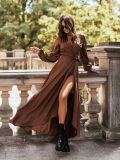 Women's Autumn And Winter Solid Color V-Neck Long-Sleeved Lace-Up Long Dress For Women