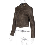 American Retro Distressed Short Jacketversatile Autumn Slim Fit Stand Collar Pu Leather Trendy Clothing