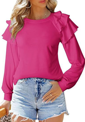 Autumn And Winter Ruffled Long-Sleeved Round Neck Pullover Solid Color T-Shirt Women's Top
